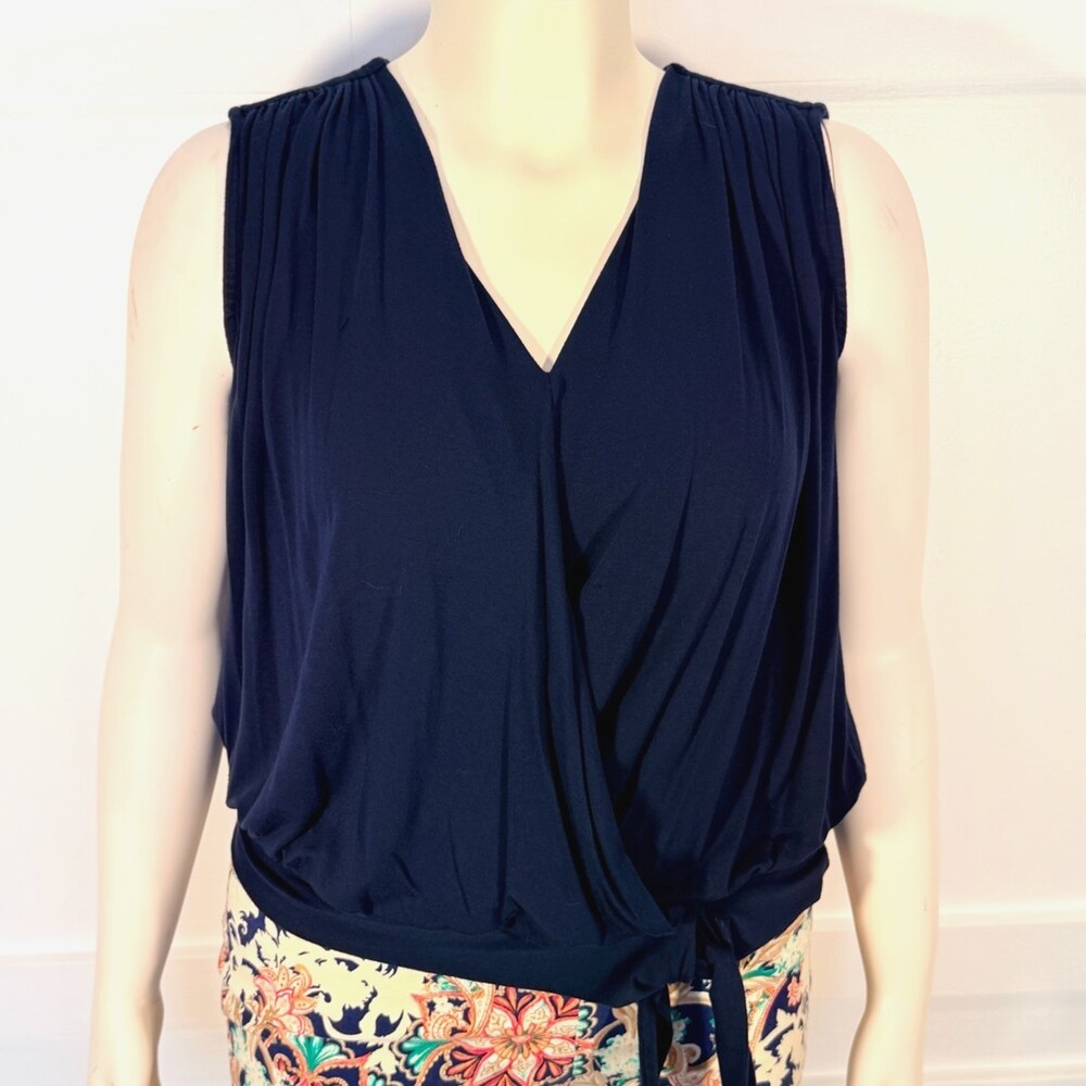 Amour Vert Tank Woman's Size XL Navy Blue Wrap V-Neck Banded Waist Bubble H